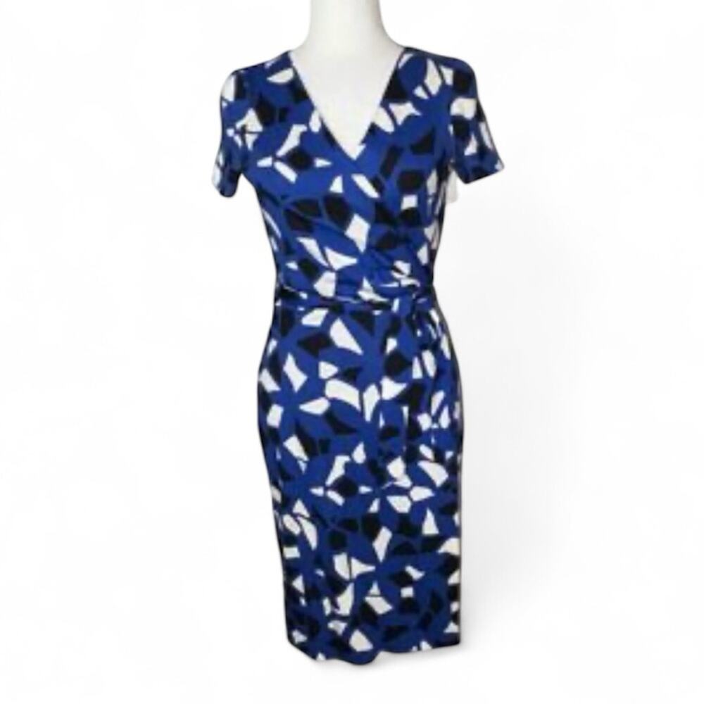 Diane Von Furstenberg Blue Mini Wrap Dress Womens 4 Cotton Silk Geometric Print - Picture 2 of 12